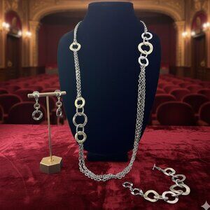 Premier Designs Long Silver/Gold Necklace, Earring Bracelet Set w/Circle Accents